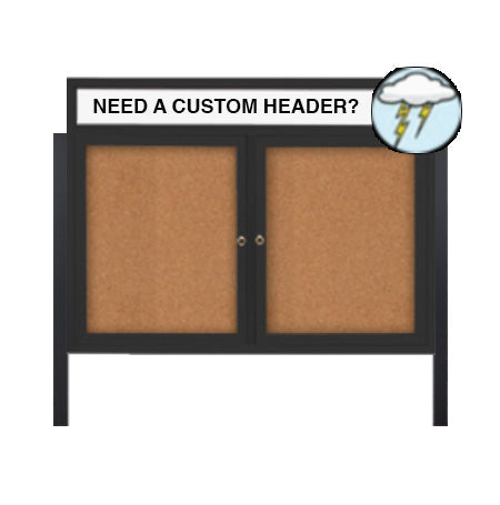 Outdoor Enclosed 60x36 Cork Bulletin Boards w Personalized HEADER (Radius Edge & Leg Posts) 2 DOORS