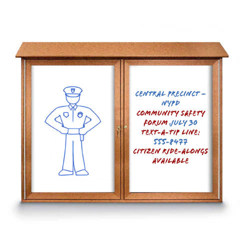 Eco-Design Outdoor Message Center with Magnetic Dry Erase White Board 52x40 Faux Wood Two Door Cabinet