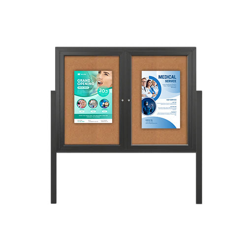 Freestanding 2 Door Outdoor Enclosed Bulletin Board 72x30 with Posts