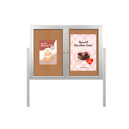 Freestanding 2 Door Outdoor Enclosed Bulletin Board 60x60 with Posts