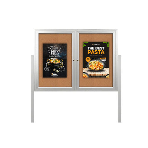 Freestanding 2 Door Outdoor Enclosed Bulletin Board 60x30 with Posts