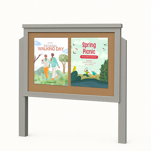 DOUBLE-SIDED Outdoor Message Center Cork Board 45" x 36" with Posts | BOTTOM Hinged