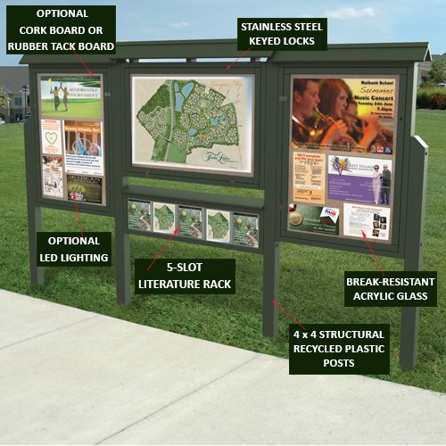Outdoor Freestanding 3-In-Row Message Boards have (2) Viewing Doors 28.25" Wide x 42" High and (1) Door 42" Wide x 28.25" High. Eco-Friendly Recycled Plastic Lumber comes in 6 Finishes