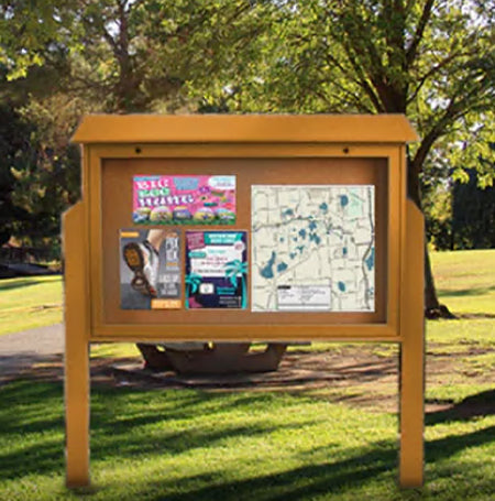 DOUBLE-SIDED 60" x 36" Outdoor Message Center + Posts + Corkboard, Eco-Design Faux Wood Cabinet with Bottom Hinged Door