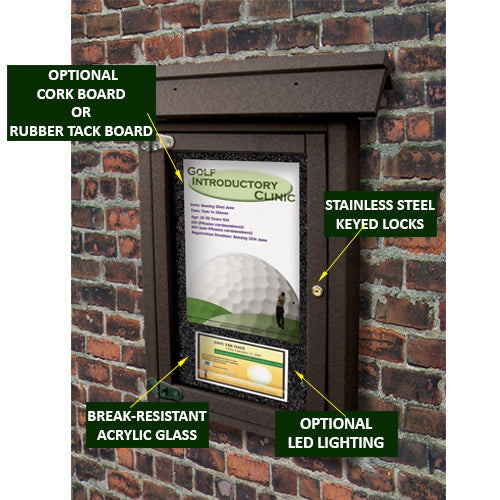 Outdoor Wall Mount SLENDER Portrait Cork Bulletin Message Boards with 12.5" x 20.5" Viewing Area. Eco-Friendly Recycled Plastic Lumber comes in 6 Finishes
