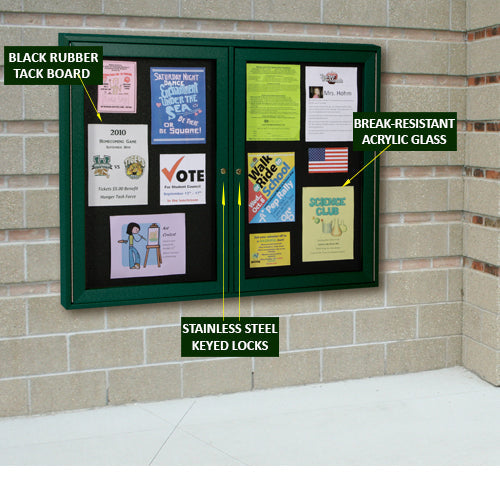 Outdoor DOUBLE DOOR Enclosed 48" x 36" Bulletin Cork Message Board with 19.25" x 31" Viewing Area Per Door. Eco-Friendly Recycled Plastic Lumber comes in 6 Finishes