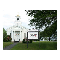 Freestanding 48x36 Cathedral Message Readerboard swings open for easy reader board change, lock close. Reader Board Display is Single-Sided. Add your own Logo Design on site, or have our team apply your Personalized Header.