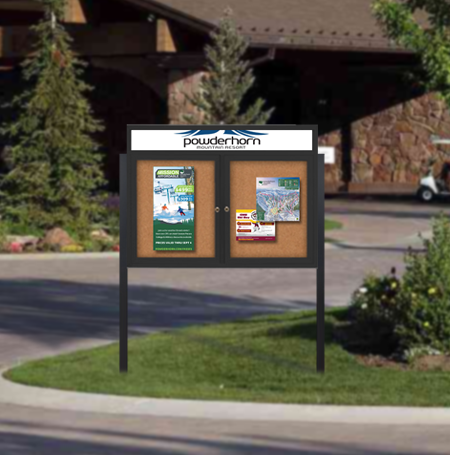 Freestanding Enclosed Outdoor Bulletin Boards 60" x 60" with Message Header and Posts (2 DOORS)