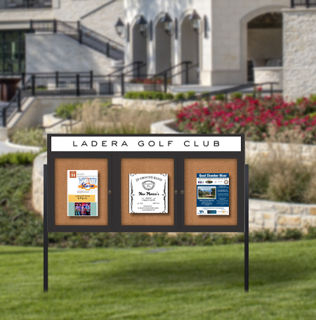 Freestanding Enclosed Outdoor Bulletin Boards 84" x 24" with Message Header and Posts (3 DOORS)