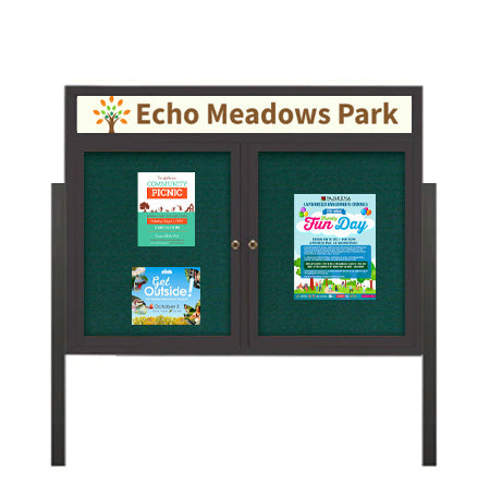 Freestanding 2 Door Enclosed Outdoor Bulletin Boards 48" x 48" Lighted w Message Header on Posts