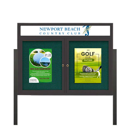 Freestanding 2 Door Enclosed Outdoor Bulletin Boards 48" x 60" Lighted w Message Header on Posts