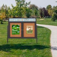 Freestanding 2 Door Enclosed Outdoor Bulletin Boards 50" x 40" Lighted w Message Header on Posts