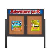 Freestanding 2 Door Enclosed Outdoor Bulletin Boards 50" x 50" Lighted w Message Header on Posts