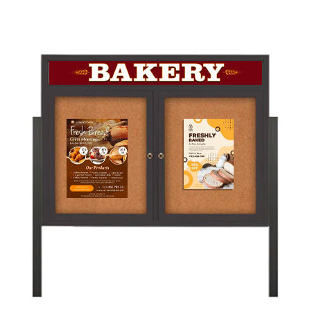 Freestanding 2 Door Enclosed Outdoor Bulletin Boards 60" x 30" Lighted w Message Header on Posts