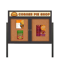 Freestanding 2 Door Enclosed Outdoor Bulletin Boards 60" x 40" Lighted w Message Header on Posts