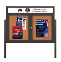 Free Standing, Two Door Enclosed Outdoor Bulletin Board 60 x 48 on Posts + Metal Cabinet + LED Light + Personalized Message Header