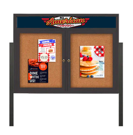 Free Standing, Two Door Enclosed Outdoor Bulletin Board 60 x 48 on Posts + Metal Cabinet + LED Light + Personalized Message Header