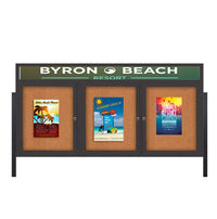 Freestanding 3 Door Enclosed Outdoor Bulletin Boards 72" x 24" Lighted w Message Header on Posts