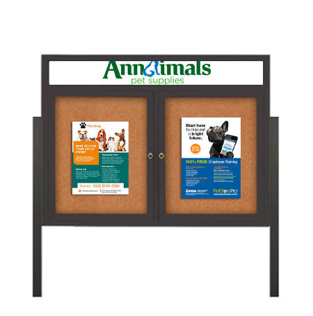 Freestanding 2 Door Enclosed Outdoor Bulletin Boards 72" x 36" Lighted w Message Header on Posts