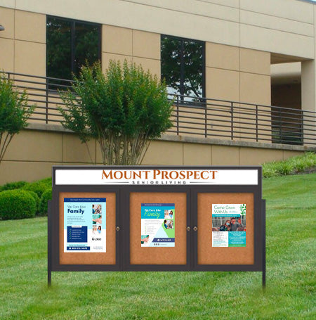 Freestanding 3 Door Enclosed Outdoor Bulletin Boards 96" x 36" Lighted w Message Header on Posts