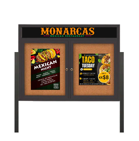 Freestanding 2 Door Enclosed Outdoor Bulletin Boards 72" x 48" Lighted w Message Header on Posts