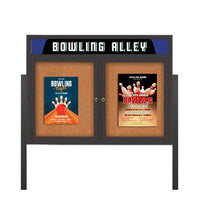 Freestanding 2 Door Enclosed Outdoor Bulletin Boards 84" x 24" Lighted w Message Header on Posts