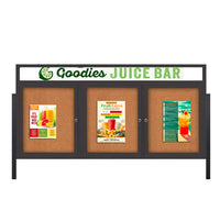 Freestanding 3 Door Enclosed Outdoor Bulletin Boards 84" x 48" Lighted w Message Header on Posts