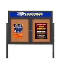 Freestanding 2 Door Enclosed Outdoor Bulletin Boards 84" x 48" Lighted w Message Header on Posts