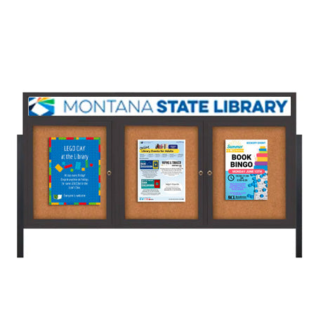 Freestanding 3 Door Enclosed Outdoor Bulletin Boards 96" x 24" Lighted w Message Header on Posts