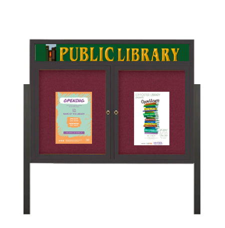 Freestanding 2 Door Enclosed Outdoor Bulletin Boards 96" x 24" Lighted w Message Header on Posts