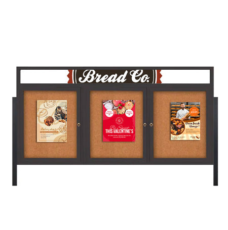 Freestanding 3 Door Enclosed Outdoor Bulletin Boards 96" x 36" Lighted w Message Header on Posts