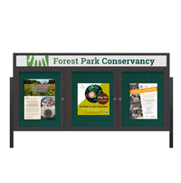 Freestanding 3 Door Enclosed Outdoor Bulletin Boards 96" x 48" Lighted w Message Header on Posts