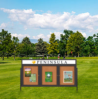 Freestanding 3 Door Enclosed Outdoor Bulletin Boards 96" x 48" Lighted w Message Header on Posts