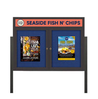 Freestanding 2 Door Enclosed Outdoor Bulletin Boards 96" x 48" Lighted w Message Header on Posts