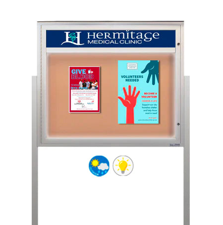 Free-Standing EXTREME WeatherPLUS™ Outdoor Enclosed Bulletin Board Display Cases with Personalized Message Header + LED Lights | Single Locking Door