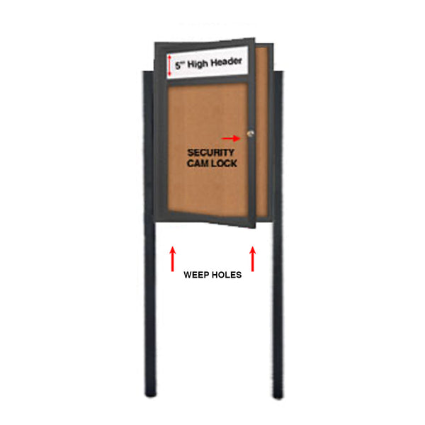 SwingCase Standing 24x36 Lighted Outdoor Bulletin Board Enclosed w Header + Posts (One Door)