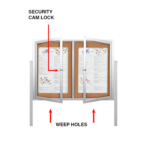 Freestanding 2 Door Enclosed Outdoor Bulletin Boards 40" x 40" with Lights + Posts