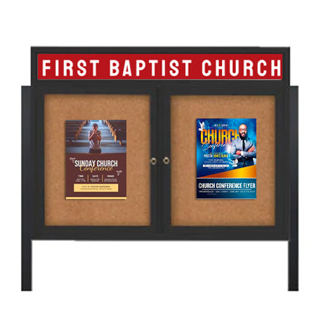 Outdoor Enclosed 42x32 Cork Bulletin Boards w Personalized HEADER (Radius Edge & Leg Posts) 2 DOORS