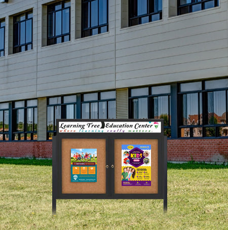 Outdoor Enclosed 42x32 Cork Bulletin Boards w Personalized HEADER (Radius Edge & Leg Posts) 2 DOORS