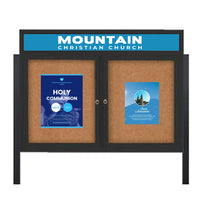 Outdoor Enclosed 48x36 Cork Bulletin Boards w Personalized HEADER (Radius Edge & Leg Posts) 2 DOORS