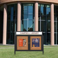 Outdoor Enclosed 48x36 Cork Bulletin Boards w Personalized HEADER (Radius Edge & Leg Posts) 2 DOORS