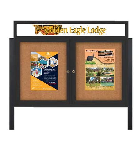 Outdoor Enclosed 48x48 Cork Bulletin Boards w Personalized HEADER (Radius Edge & Leg Posts) 2 DOORS