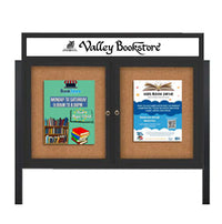 Outdoor Enclosed 48x60 Cork Bulletin Boards w Personalized HEADER (Radius Edge & Leg Posts) 2 DOORS