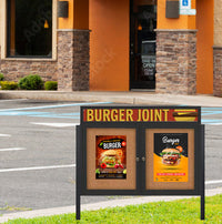 Outdoor Enclosed 50x40 Cork Bulletin Boards w Personalized HEADER (Radius Edge & Leg Posts) 2 DOORS