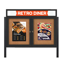 Outdoor Enclosed 50x50 Cork Bulletin Boards w Personalized HEADER (Radius Edge & Leg Posts) 2 DOORS