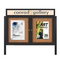 Outdoor Enclosed 60x24 Cork Bulletin Boards w Personalized HEADER (Radius Edge & Leg Posts) 2 DOORS