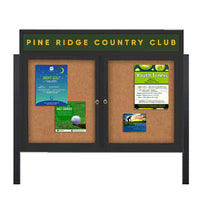 Outdoor Enclosed 60x30 Cork Bulletin Boards w Personalized HEADER (Radius Edge & Leg Posts) 2 DOORS