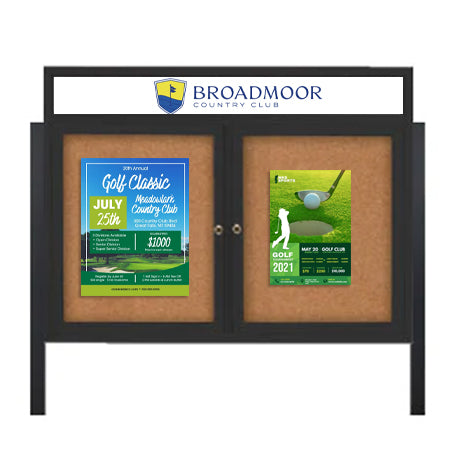 Free-Standing, Two Door 60x48 Outdoor Cork Bulletin Board with Personalized Message Header and Radius Edge Metal Cabinet