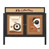 Outdoor Enclosed 60x60 Cork Bulletin Boards w Personalized HEADER (Radius Edge & Leg Posts) 2 DOORS