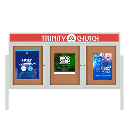 Outdoor Enclosed 72x48 Cork Bulletin Boards w Personalized HEADER (Radius Edge & Leg Posts) 3 DOORS